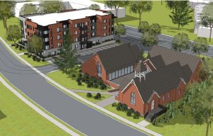 Artist rendition of three-storey housing complex and community hub next to a church